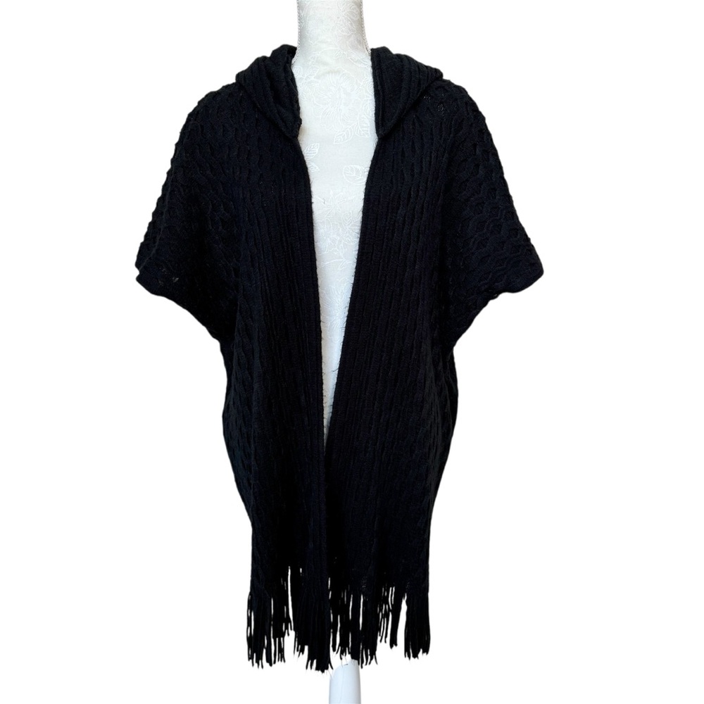 Max Edition Boho Black Short Sleeve Hooded Textured Cardigan Fringe Small/Medium
